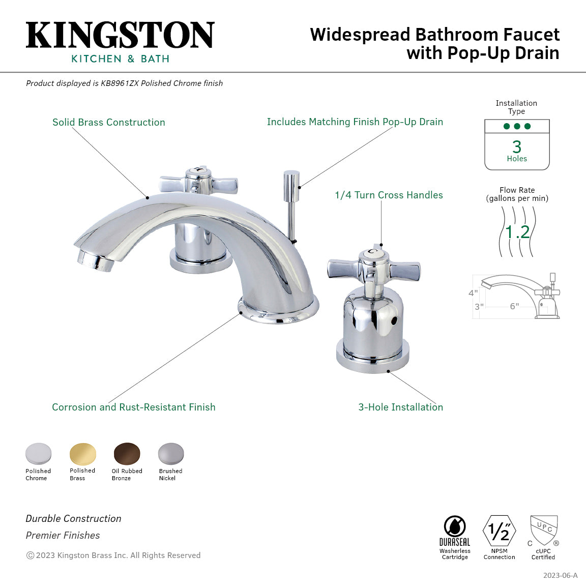 Kingston Tulare KB8962ZX - Millennium Two-Handle 3-Hole Deck Mount Widespread Bathroom Faucet with Pop-Up Drain, Polished Brass — thumbnail 3